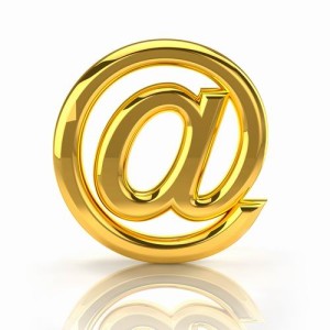 Golden email sign. Front view. Isolated on white